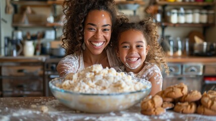 A candid shot of a mother and daughter laughing together, covered in flour, while mixing a large bowl of cookie batter in their family kitchen65 - obrazy, fototapety, plakaty