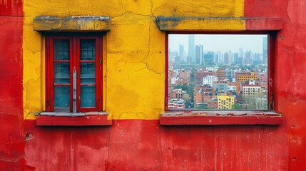Fototapeta na wymiar Red Building With Yellow Window and City Background