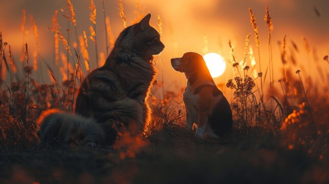 A Cat And A Beagle Dog Sitting Atop A Hill, Their Silhouettes Against The Glow Of The Setting Sun