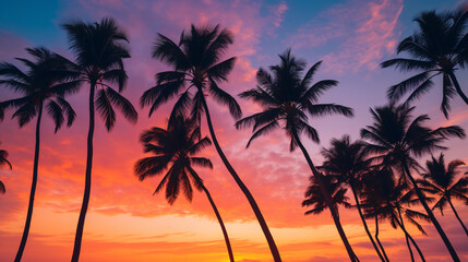 palm trees in front of a sunset - obrazy, fototapety, plakaty