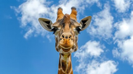 Naklejka premium Animal photography, portrait funny giraffe over blue sky with white clouds. AI generated image