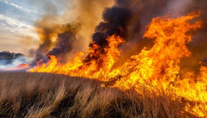 A wildfire is aggressively consuming a field filled with dry grass