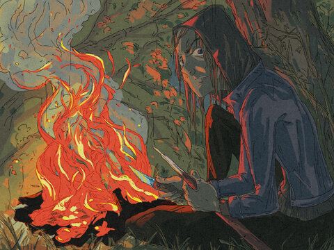 Girl sitting by the fire and listening to the surrounding sounds