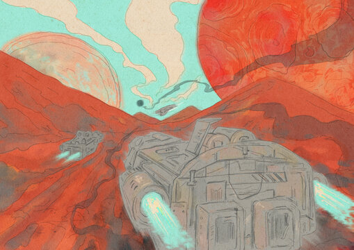 Spaceships flying over the ground of an unknown planet
