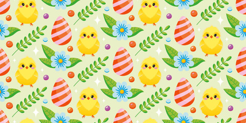 Seamless Easter pattern with painted eggs, chickens, spring flowers. The cheerful Easter design for background, find paper, wallpaper, fabric. Vector illustration.