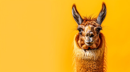 Fototapeta premium Amused llama on vibrant yellow background, copy space