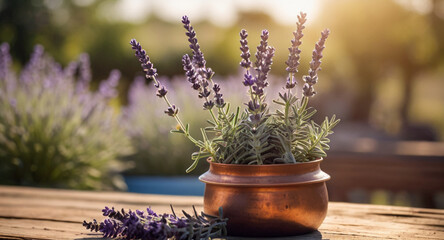 Beautiful Lavender flowers in a pot on a rustic wooden table