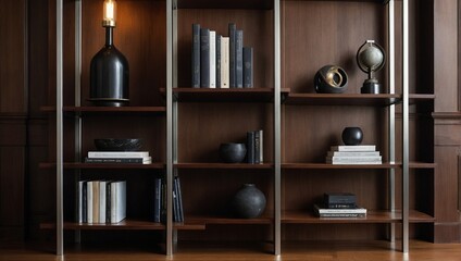 A wonderfully crafted wooden bookshelf with sleek steel accents, seamlessly blending hi-tech elements with traditional design.