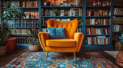 Yellow Chair in Front of Bookshelf With Books