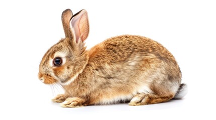 Fototapeta premium Cute brown rabbit animal sitting white background. AI generated image
