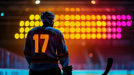 Ice hockey player on a rink in front of bright lights - obrazy, fototapety, plakaty