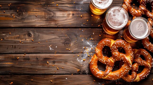 A table with a pretzels and beer glasses. Oktoberfest Concept