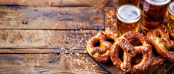 A table with a bunch of pretzels and a couple of beer glasses. The pretzels are sprinkled with sesame seeds. Oktoberfest Concept - obrazy, fototapety, plakaty