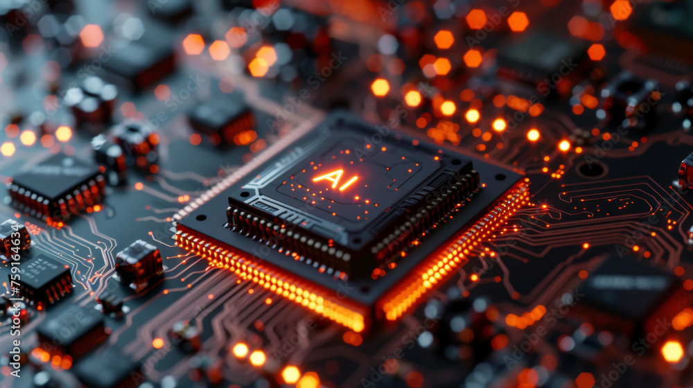 Poster circuit board close-up. electronic computer hardware technology. motherboard digital chip. tech scie