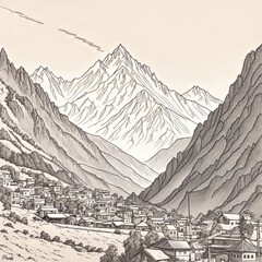 Serene black, white painting capturing majestic Nepal mountains, lush trees in harmonious contrast. Logo design for outdoor adventure travel agency, nature themed website, social media banner, print.