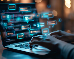 Close-up of hands typing on a laptop keyboard with futuristic chatbot conversation interface floating above the screen, depicting advanced AI communication