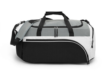 close up outdoor accessories custom nylon adjustable shoulder strap bag with zipper, gym bag for equipment, sports gear, scuba and travel bag, duffle bag isolated on white background. two tone in grey