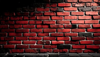 A red brick wall stands out against a stark black backdrop, creating a striking contrast. The...