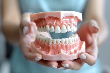 Close-up shot of a person holding a fake tooth in a dental clinic.