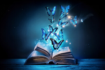 An open magic book in a forest with blue butterflies flying out of it.