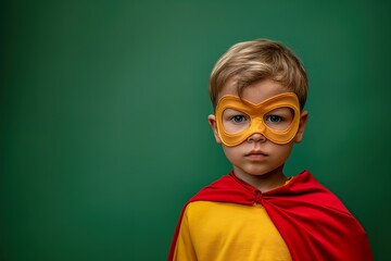 A cute little boy wearing a yellow mask and a red cape, pretending to be a superhero on a green mat background. - obrazy, fototapety, plakaty