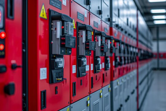 A lineup of red and black electrotechnical switchgear for switching control and power distribution.