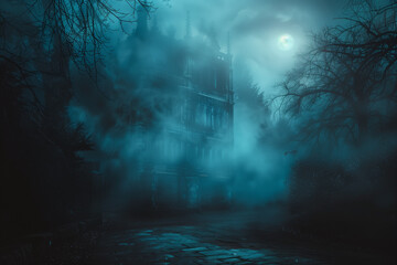 Gothic cathedral in mystical fog under moonlight. - obrazy, fototapety, plakaty