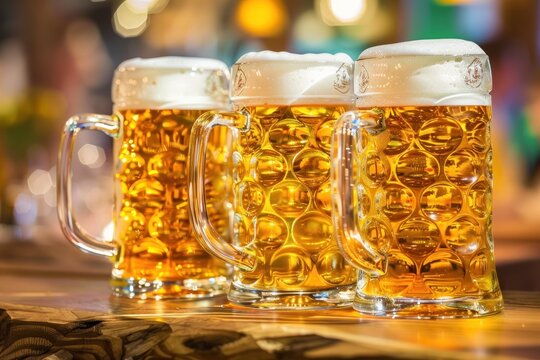 Three glasses of beer on a table. Oktoberfest Concept
