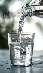  Pouring mineral water from a bottle into a glass, with a water background - obrazy, fototapety, plakaty