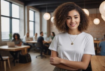 A woman with curly hair stands with crossed arms in the office, her confidence palpable. Team members are engaged in work behind her.