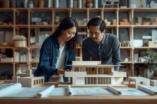 Two people, an Asian interior designer and a client, explore a detailed model of a house with interest and focus.