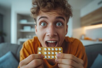 A young man looking surprised while holding up a blister pack of pills at home. - obrazy, fototapety, plakaty