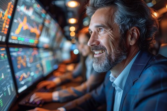 professional middle aged businessman in suit looking excited at stock market screens 