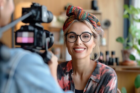 Mature beauty blogger with glasses capturing a man on camera.