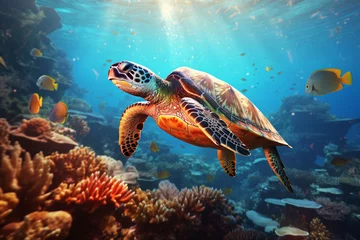 Poster a sea turtle swimming in the water © Cusnir