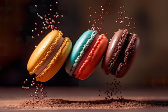 Three macaroons shaped like the letter TDC soaring through the air.