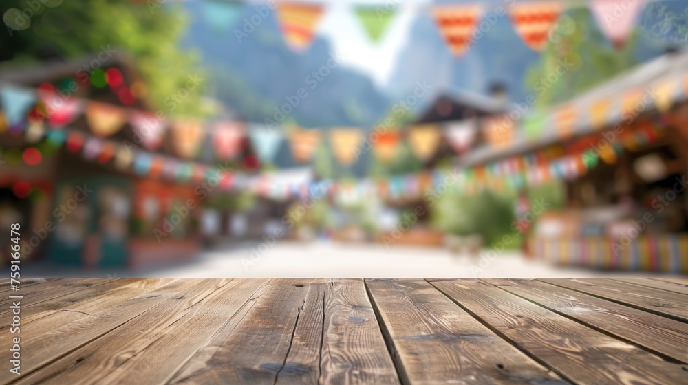 Poster a wooden table with a view of a town with many flags hanging from it. the flags are of different col