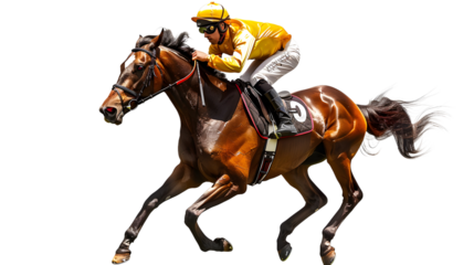 Horse racing .Jockey racing on horse, white background, full body, png photo