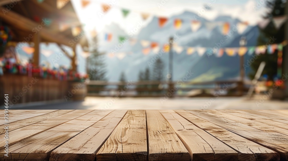 Poster a wooden table with a view of mountains. the scene is lively and festive, with the flags adding a po