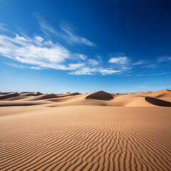 Fototapeta na wymiar Solitude Personified: A Sweeping View of Endless Sand Dunes under a Deep Blue Sky