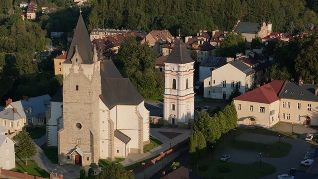 Beautiful Church Downtown Lesko Mountains Aerial View Poland
