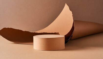 trendy composition with empty round cylinder podium platform for product presentation and curve shaped torn brown paper edges on pastel beige background. Front view