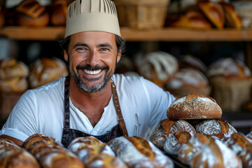 smiling handsome mature baker with a tray of bread - obrazy, fototapety, plakaty
