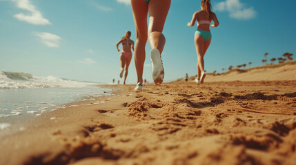 Young woman jogging on the beach. Fitness female on morning jogging. Workout wellness concept by the beach