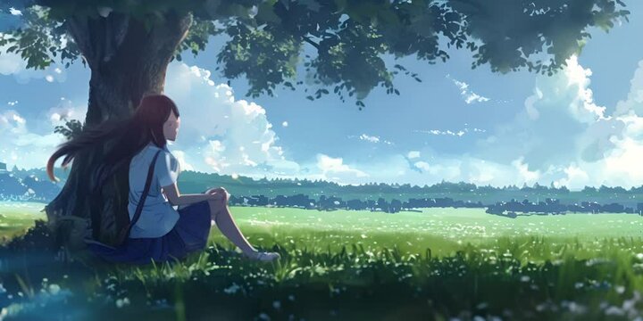Cute anime girl sitting alone on the tree with butterfly. illustration lofi music chill and relaxed.