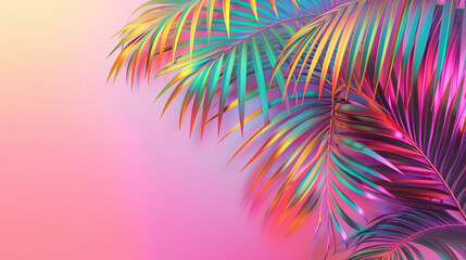 Tropical and palm leaves in vibrant bold gradient holographic colors. Concept art. Minimal...