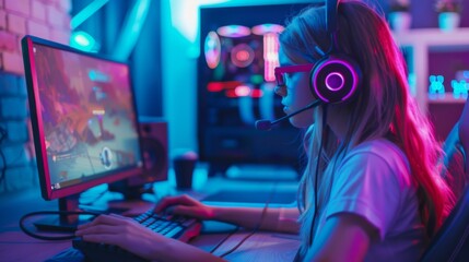 teen gamer girl playing a PC game. pink and blue tint.  - obrazy, fototapety, plakaty