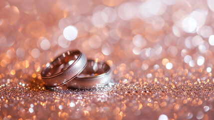 Pair of shining wedding rings on sparkling background