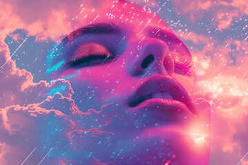 a woman with glittery makeup and pink and blue clouds - obrazy, fototapety, plakaty