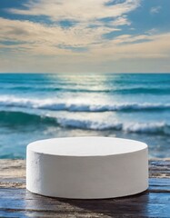 round platform podium for cosmetic products. Natural style circle presentation display stand on sea view background - obrazy, fototapety, plakaty